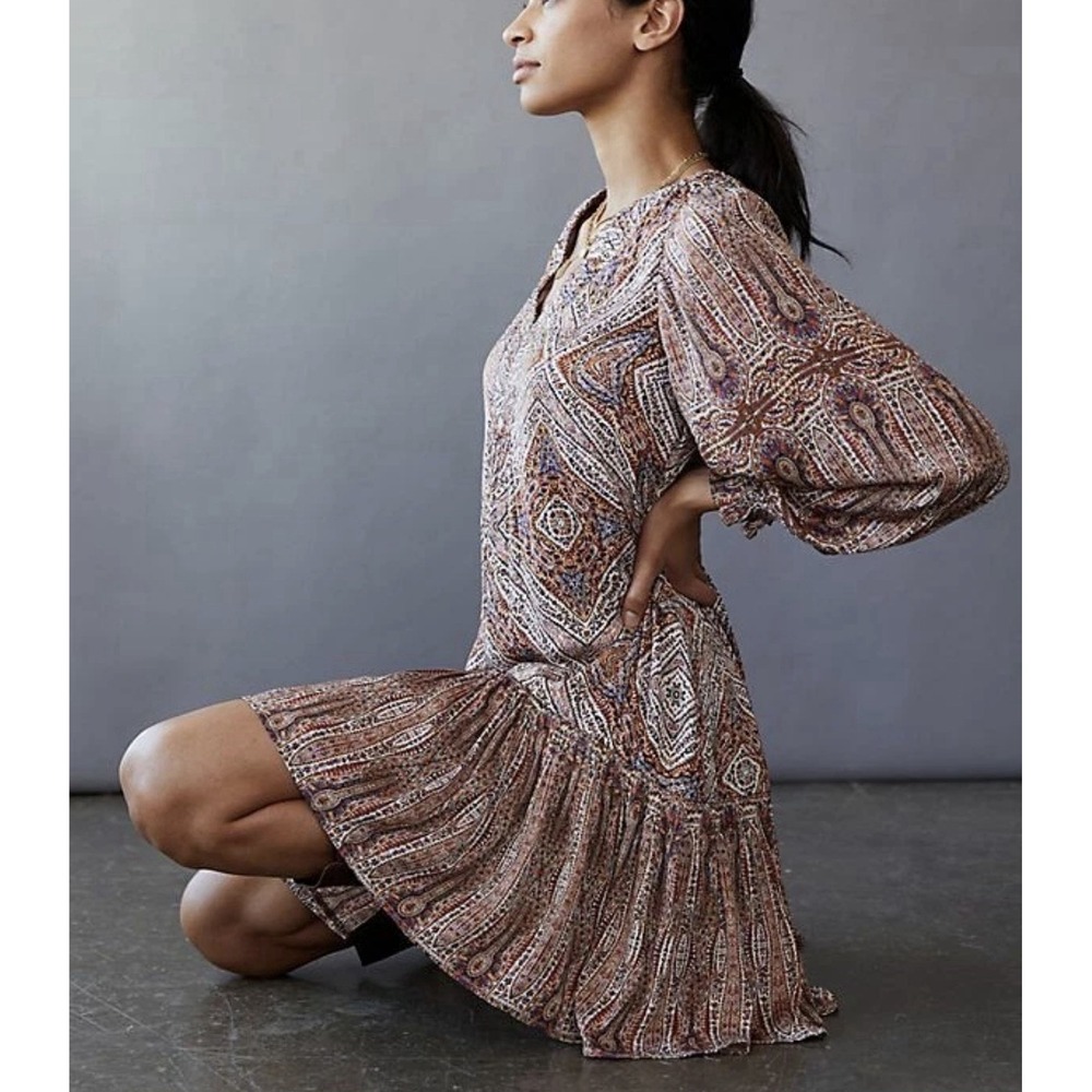 Anthropologie Sabia Flounced Tunic Dress Small Brown Multi V Neck Pockets Lined - Picture 4 of 16